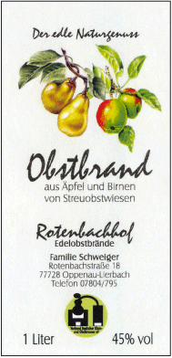 Rotenbachhof Edelobstbrände Obstbrand 45% Vol.-1 Liter Deutschland Schwarzwald Obstbrand