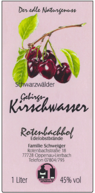 Rotenbachhof Edelobstbrände Kirschwasser 45% Vol.-1 Liter Deutschland Schwarzwald Obstbrand