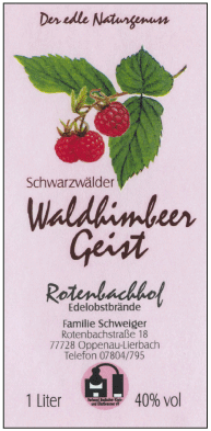 Rotenbachhof Edelobstbrände Waldhimbeergeist 40% Vol.- 1 Liter Deutschland Schwarzwald Obstbrand