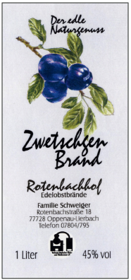 Rotenbachhof Edelobstbrände Zwetschge 45% Vol.-1 Liter Deutschland Schwarzwald Obstbrand