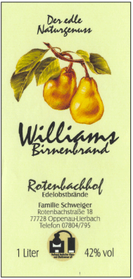 Rotenbachhof Edelobstbrände Williams Birne 42% Vol.-1 Liter Deutschland Schwarzwald Obstbrand