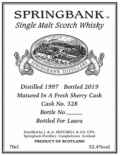 Springbank Single Cask Single Malt Scotch Whisky Fresh Sherry Cask No. 328, Campbeltown, Scotland
